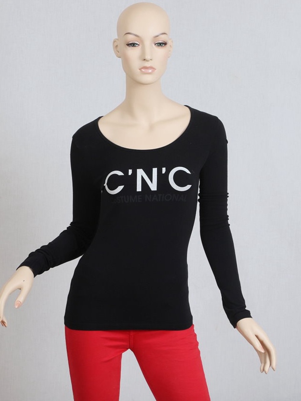 CNC Costume National Black Long-Sleeve Scoop Neck Top with White Logo